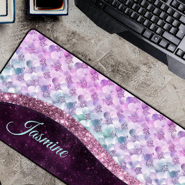 マーメイドスキンピンクシルバーフェイクグリッターモノグラム デスクマット