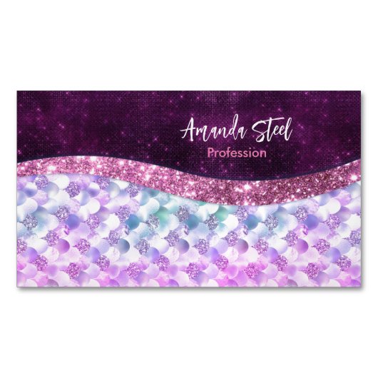 マーメイドスキンピンクシルバーフェイクグリッターモノグラム マグネット名刺 (正面)