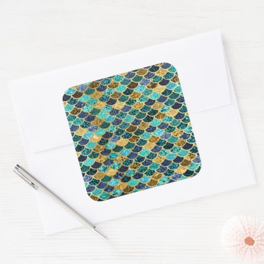 マーメイドスキンフィッシュはかりで測金ゴールドティール（緑がかった色）ターコイズ スクエアシール (封筒)