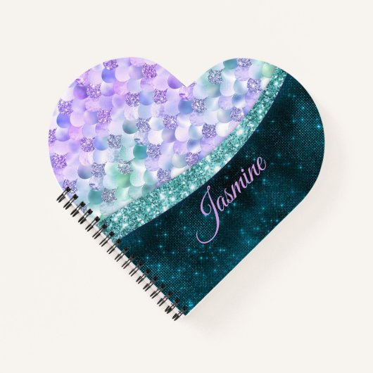 マーメイドスキン ティール シルバー 偽 グリッター モノグラム ではない ノートブック (正面)