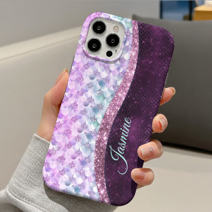マーメイドスキン ピンク シルバー グリッター モノグラム iPhone 13ケース