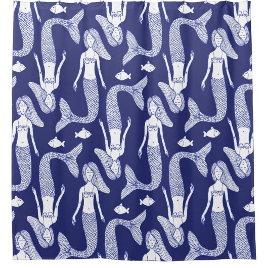 マーメイドスケッチ：ヴィンテージ魚パターン。 シャワーカーテン (正面)