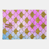 マーメイドスケールパターンパープル金ゴールドグリッターイニシャル キッチンタオル (横)