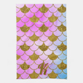 マーメイドスケールパターンパープル金ゴールドグリッターイニシャル キッチンタオル (縦)