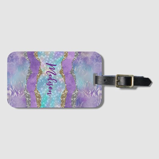 マーメイドスタイリッシュキラキラ紫ターコイズモノグラム ラゲッジタグ (正面横)