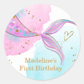 マーメイドスプラッシュプールパーティーガール誕生日 ラウンドシール (正面)