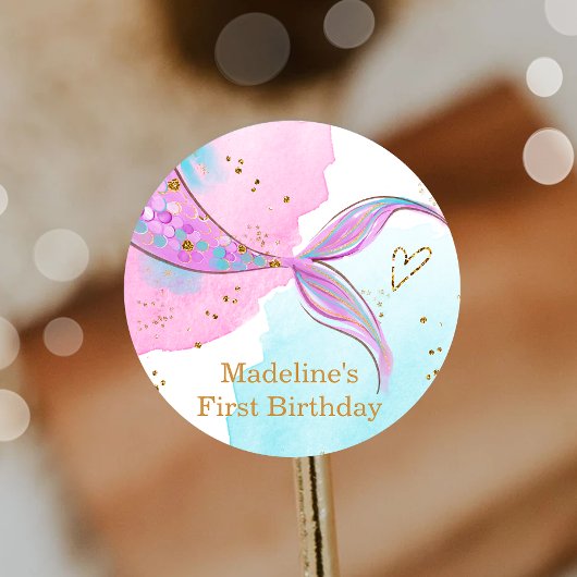 マーメイドスプラッシュプールパーティーガール誕生日 ラウンドシール