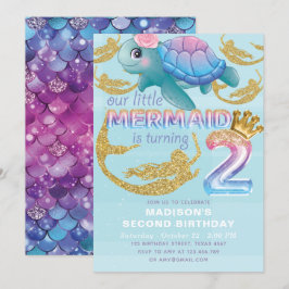 マーメイドセカンド誕生日ピンクブルー金ゴールドグリッター 招待状