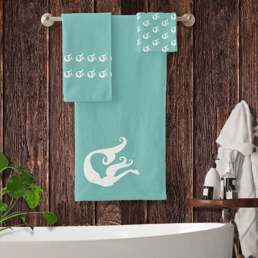 マーメイドタイタルティール(緑がかった色)ブルー&ホワイト バスタオルセット