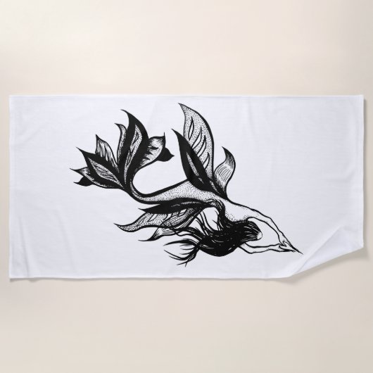 マーメイドタトゥースタイルスティップルシェーディングインクスケッチ ビーチタオル (正面)