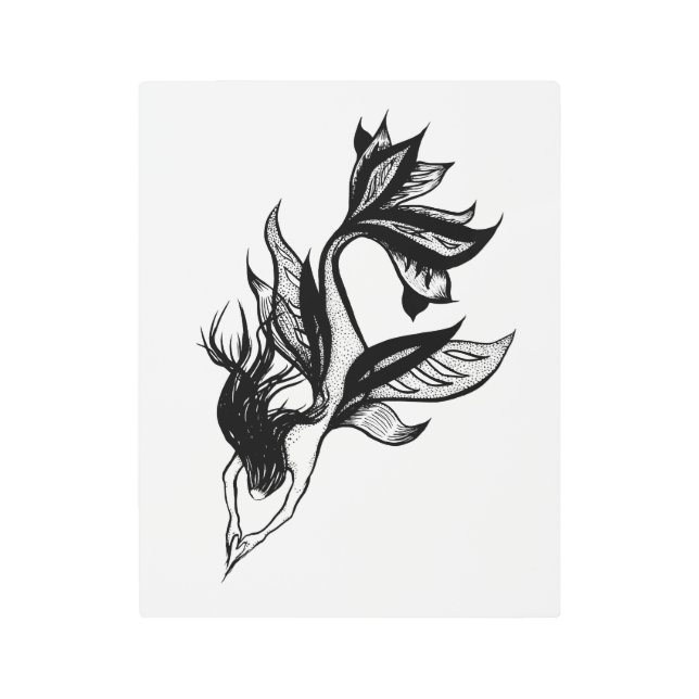 マーメイドタトゥースタイルスティップルシェーディングインクスケッチ メタルプリント (正面)