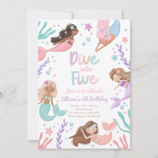 マーメイドダイブインファイブプールパーティー5誕生日 招待状 (正面)