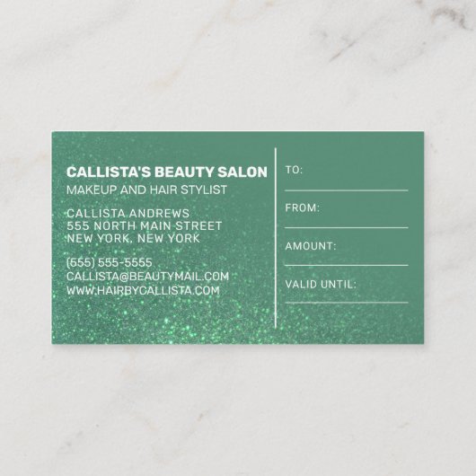 マーメイドティール(緑がかった色)グリッターグラデーションギフト証明書 名刺 (裏面)