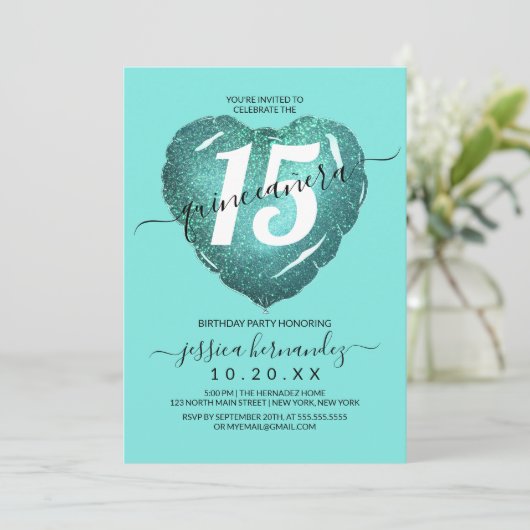 マーメイドティール(緑がかった色)グリッターハートバルーンキンセアニラ 招待状 (スタンド正面)