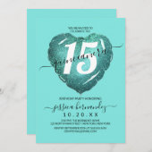 マーメイドティール(緑がかった色)グリッターハートバルーンキンセアニラ 招待状 (正面/裏面)