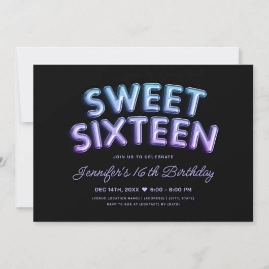 マーメイドティール（緑がかった色）パープルバルーン黒甘い16 招待状 (正面)