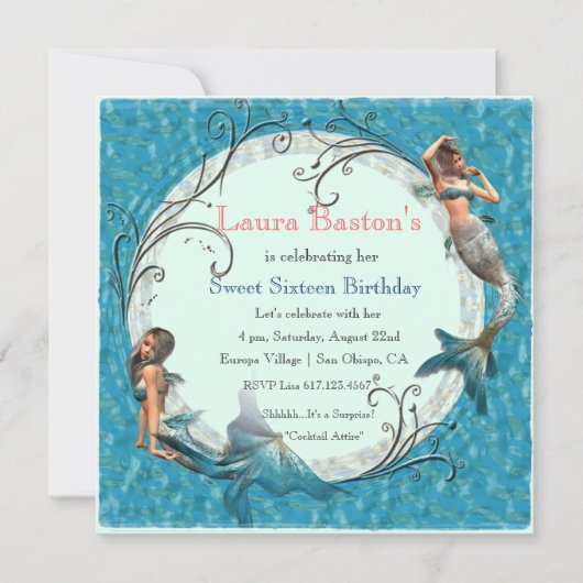 マーメイドティール（緑がかった色）ブルースウィート16誕生日招待状 招待状 (正面)