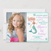 マーメイドティール（緑がかった色）金ゴールドが海の誕生日写真の下に 招待状 (正面)