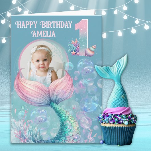 マーメイドテイル1歳の誕生日カード 写真1枚 カード