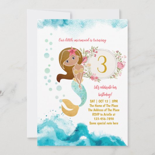 マーメイドテーマザシーベビーガールの下に3rd誕生日 招待状 (正面)