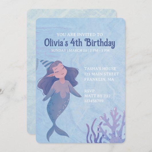 マーメイドテーマ子供の誕生日パーティー 招待状 (正面/裏面)