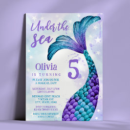 マーメイドテールで紫+ティール（緑がかった色）水彩誕生日 招待状
