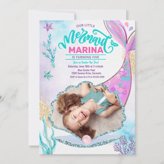 マーメイドテールの写真の海の下の誕生日 招待状 (正面)