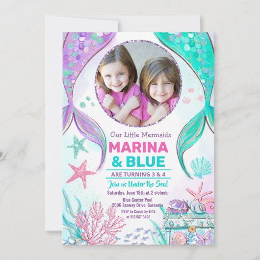 マーメイドテールの写真の海の下の誕生日 招待状 (正面)