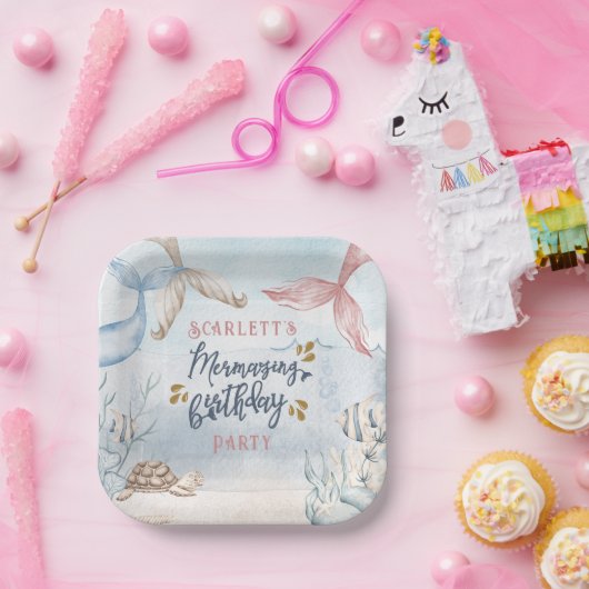 マーメイドテールの水の色メルマージング誕生日パーティー ペーパープレート (パーティー)