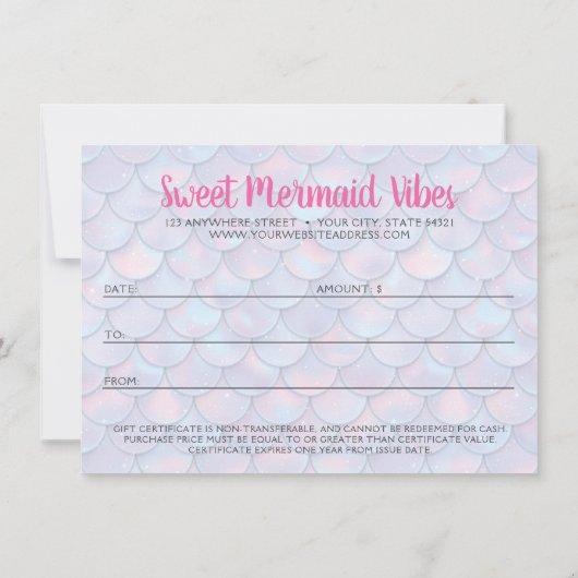 マーメイドテールはかりで測ブティックギフト証明書カード 招待状 (裏面)