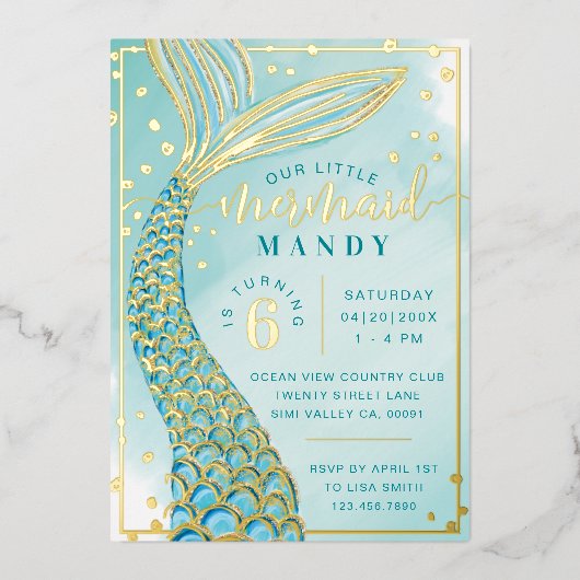 マーメイドテールアンダーザシーアクア&金ゴールド誕生日 箔招待状 (正面)