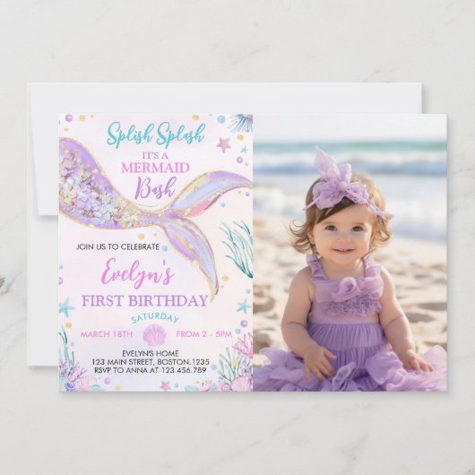 マーメイドテールアンダーザシーガール誕生日写真 招待状 (正面)