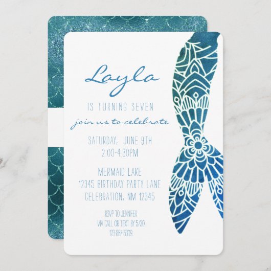 マーメイドテールアンダーザシーガール誕生日招待 招待状 (正面/裏面)