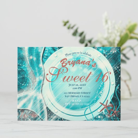 マーメイドテールアンダーザシースウィート16ティール(緑がかった色)誕生日 招待状 (スタンド正面)