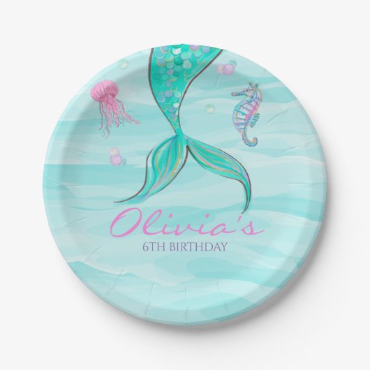 マーメイドテールアンダーザシー誕生日招待状 ペーパープレート (正面)