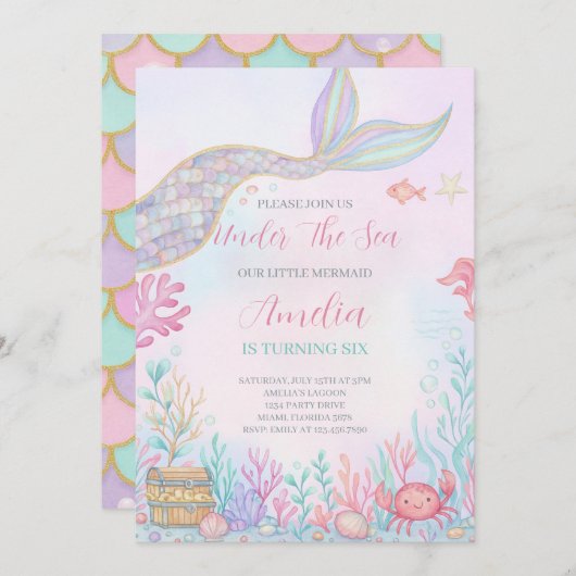 マーメイドテールアンダーザシー誕生日招待状 招待状 (正面/裏面)