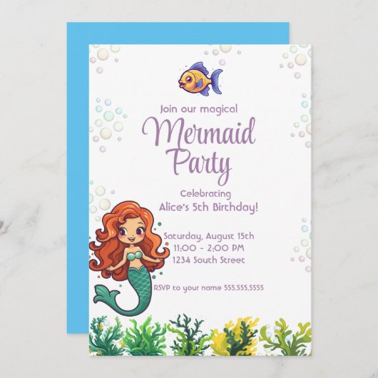 マーメイドテールアンダーザシー誕生日招待状 招待状 (正面/裏面)