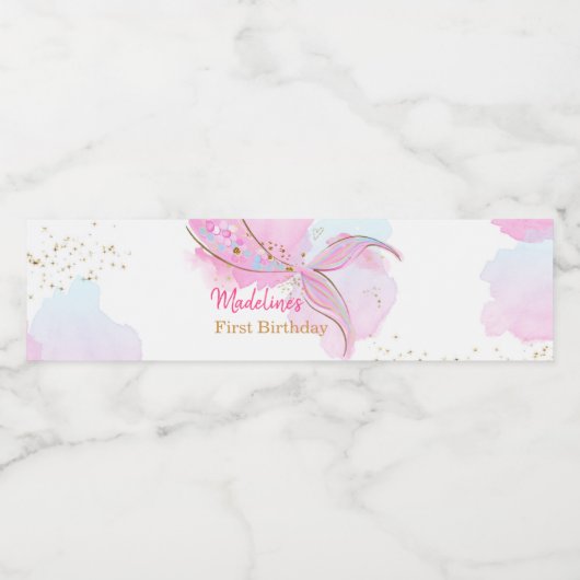 マーメイドテールウォーターカラーピンク金ゴールドガール誕生日 ペットボトルラベル (シングルラベル)