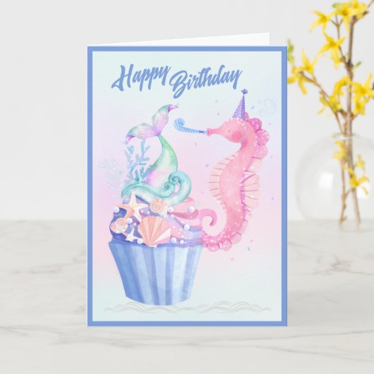 マーメイドテールカップケーキ誕生日カード カード (黄色い花)