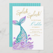 マーメイドテールガール水彩誕生日パーティー 招待状 (正面/裏面)