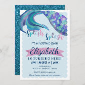 マーメイドテールグリッターバックグラウンドバースデーパーティー 招待状 (正面/裏面)