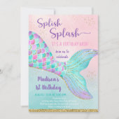 マーメイドテールザシーピンク金ゴールド誕生日 招待状 (正面)