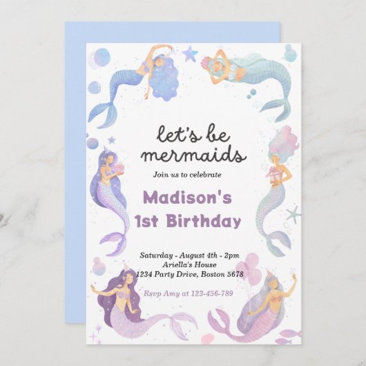 マーメイドテールザシーピンク金ゴールド誕生日 招待状 (正面/裏面)