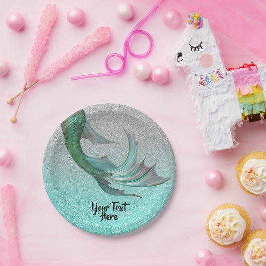 マーメイドテールシルバーティール（緑がかった色）グリッター パーソナライズされた ペーパープレート (パーティー)
