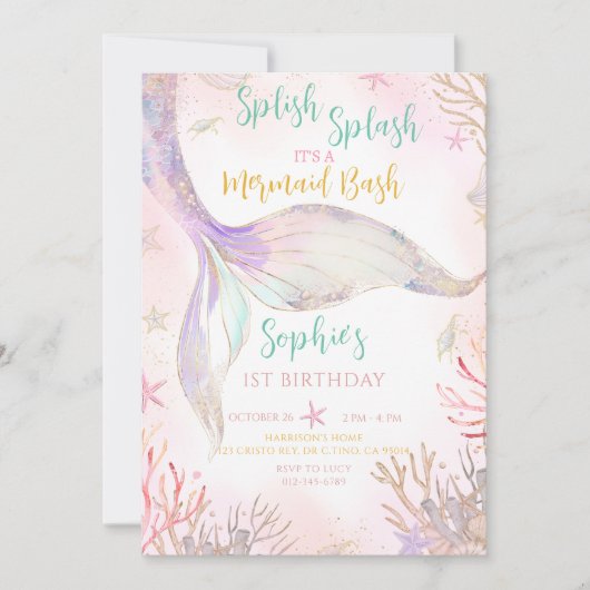 マーメイドテールスプラッシュピンクパープル誕生日 招待状 (正面)