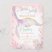 マーメイドテールスプラッシュピンクパープル誕生日 招待状 (正面/裏面)
