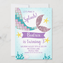 マーメイドテールパープルアンドティール(緑がかった色)誕生日招待状 招待状