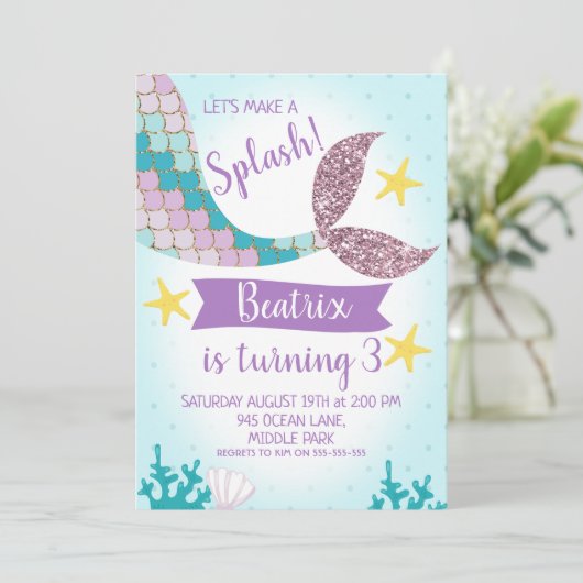 マーメイドテールパープルアンドティール（緑がかった色）誕生日招待状 招待状 (スタンド正面)