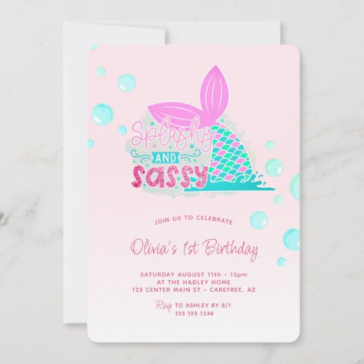 マーメイドテールピンクレインボー1st誕生日 招待状 (正面)