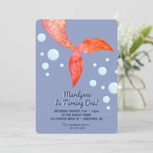 マーメイドテールブルー1st誕生日招待状 招待状 (スタンド正面)